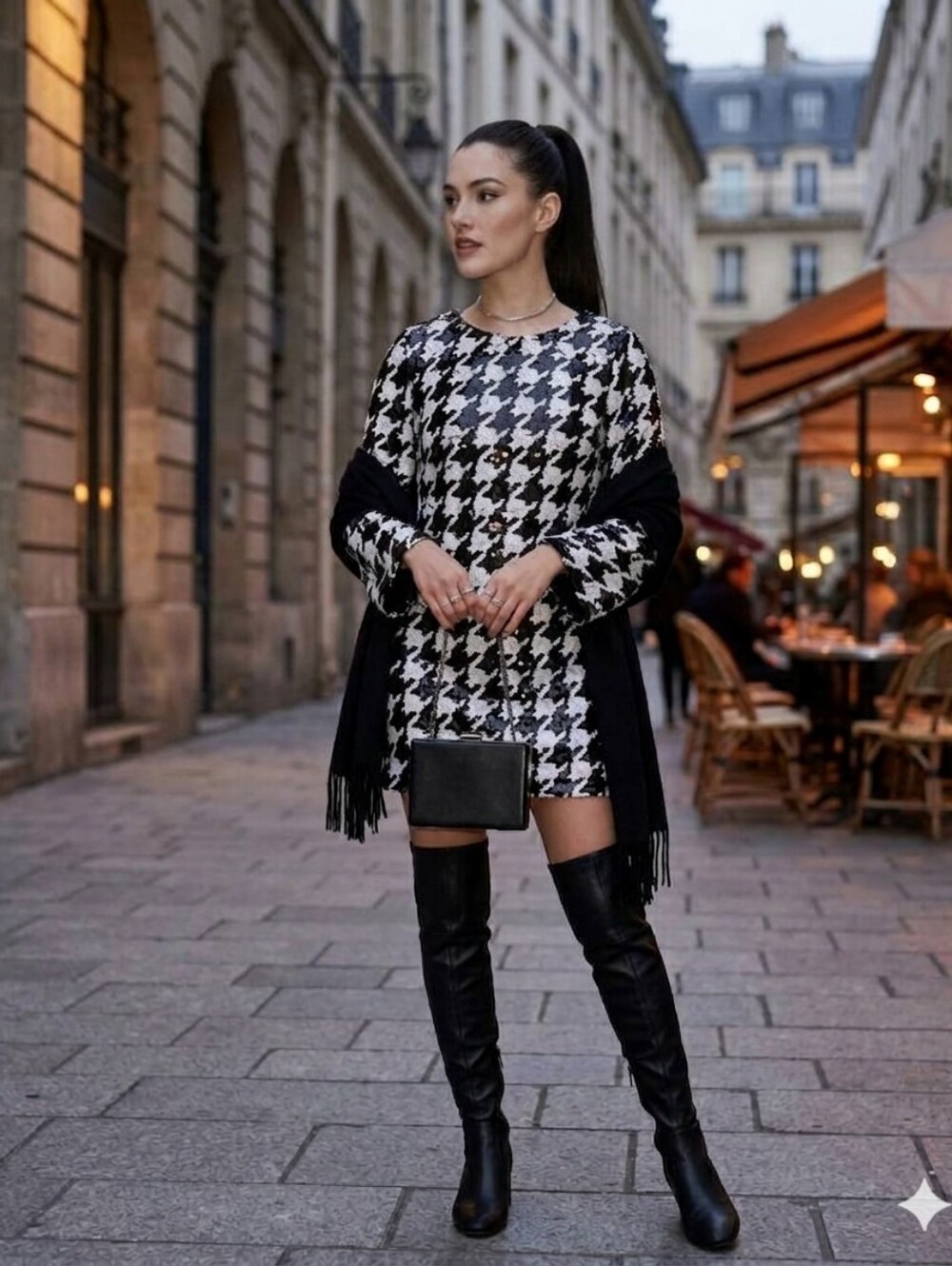 Tyler Boe Sandra Sequin Houndstooth Long-Sleeve Tunic Dress Size S